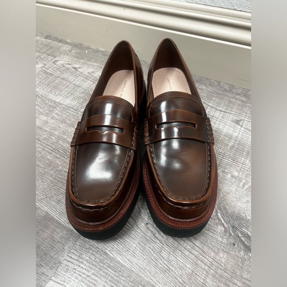 Loeffler Randall Chestnut Brown Leather Platform Penny Loafers - Picture 2 of 6